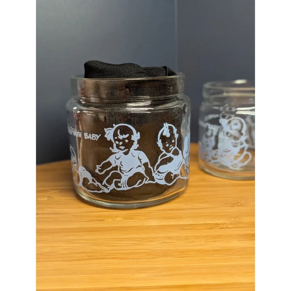 Vintage Baby Nursery BLUE Vanity Changing Table Glass Jar Set W/Tray Lids 1950s